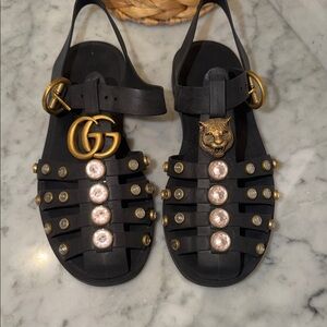 Gucci Black Sandals with Gold and Pearl Details